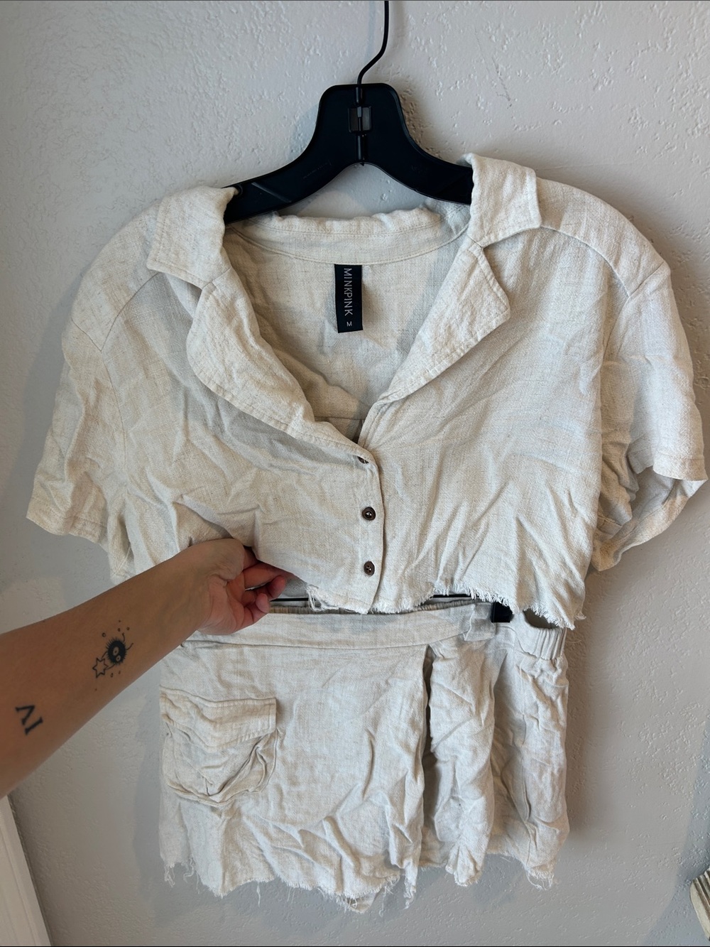 Cropped Button-Front Linen Blend Top and Skort in Natural